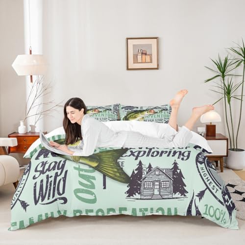 Fishing Adventure Duvet Cover Set Twin, Summer Camping Bedding Set 2pcs for Kids Teens Adults Room Decor,Black Sketch Farm...