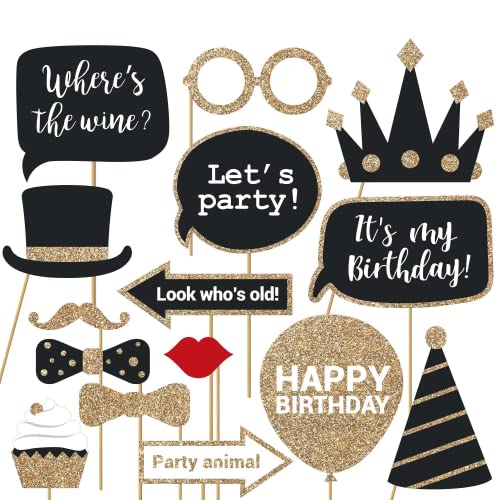 Fully Assembled Birthday Photo Booth Props. 30 Piece Box Set of Black & Gold Selfie Party Supplies and Decorations Kit wit...