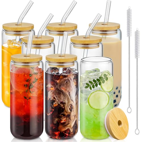 SENTVEND 20 Oz Drinking Glasses with Bamboo Lids and Glass Straw - 8 Pcs Glass Cups Beer Ice Coffee Glasses Cute Aesthetic...