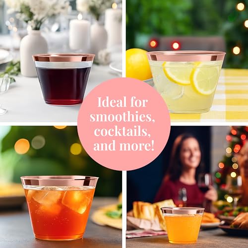 Prestee 200 Rose Gold Plastic Cups, 9oz – Elegant Hard Disposable Tumblers for Wine, Cocktails & Beverages – Clear Plastic...