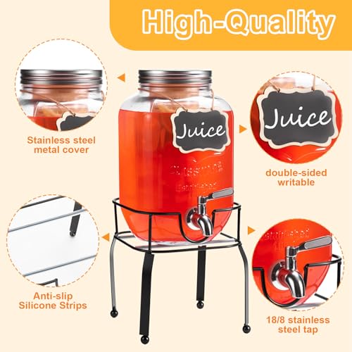 2 Pack1 Gallon Glass Drink Dispensers For Parties,Beverage Dispenser with Stand,304 Stainless Steel Spigot Leakproof,Lemon...
