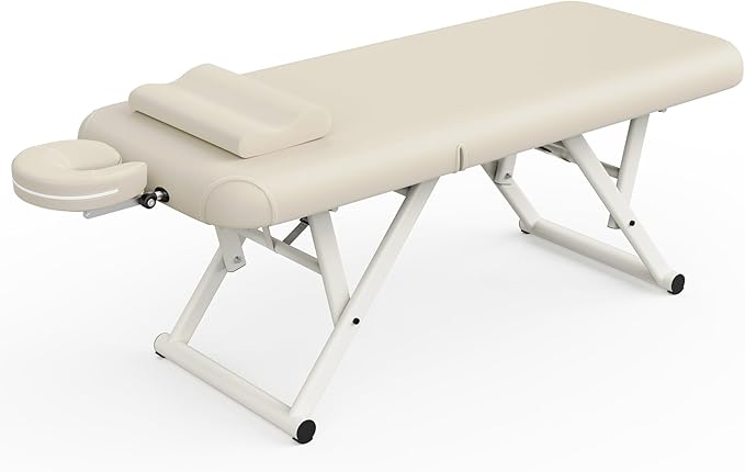 pouseayar Adjustable Massage Table with Face Pillow & Headrest, Sturdy and Solid, Silent and Easy to Adjust - Adjustable Backrest, Beige Gray