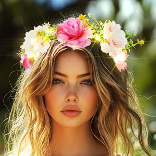 DRESBE Light Up Flower Headbands LED Floral Wreath Crown Headband Glow Rose Garland Hair Accessories for Women