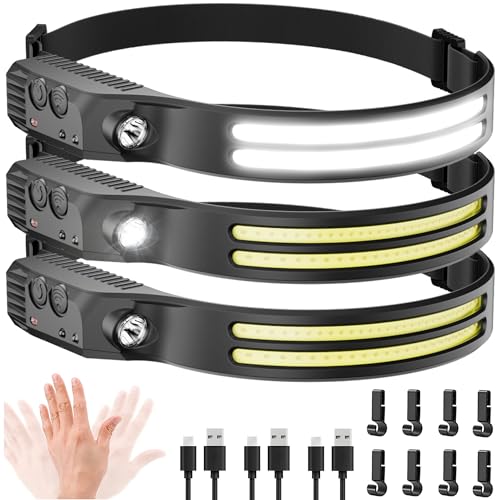 Beccason 3PCS LED Headlamp Rechargeable - 230° COB Super Bright Head Lights for Forehead, Hard hat Light for Adults, USB C...