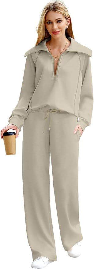 XIEERDUO Lounge Sets For Women 2025 Half Zip Sweatshirt And Wide Leg Sweatpant 2 Piece Outfits Sweatsuit Tracksuit