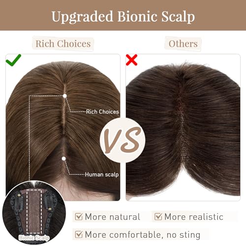 Rich Choices Hair Toppers for Women Real Human Hair 150% Density Clip in Silk Base No Bangs 100% Human Remy Toppper Realistic Scalp Pieces for Women with Thinning Crown 8 Inch #2R Chocolate Brown