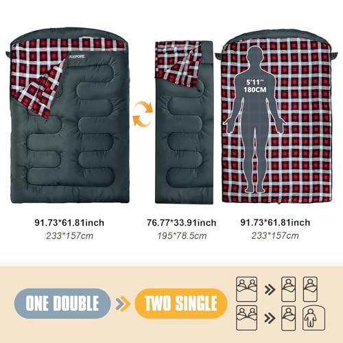 POEPORE Double Sleeping Bag Flannel for Adults with 2 Pillows 2 Person Sleeping Bags Camping XXL Queen Size Two Person Sle...
