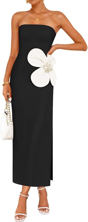 ZESICA Women's Summer Strapless Bodycon Maxi Dress 2026 Ribbed Knit Backless Floral Tube Cocktail Party Long Dresses