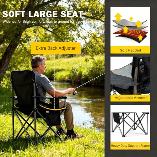 FAIR WIND Oversized Fully Padded Camping Chair for Heavy People with Lumbar Support, Heavy Duty Quad Fold Chair with Coole...