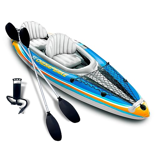 Sunlite Sports 2-Person Inflatable Kayak with Aluminum Oars (136" x 33"), High Output Air Pump and Storage Bag, Double Tan...