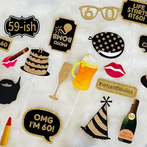 Adult 60th Birthday Photo Booth Props(41Pcs) for Her Him Cheers to 60 Years Birthday Party, Gold and Red Decorations, 60th...