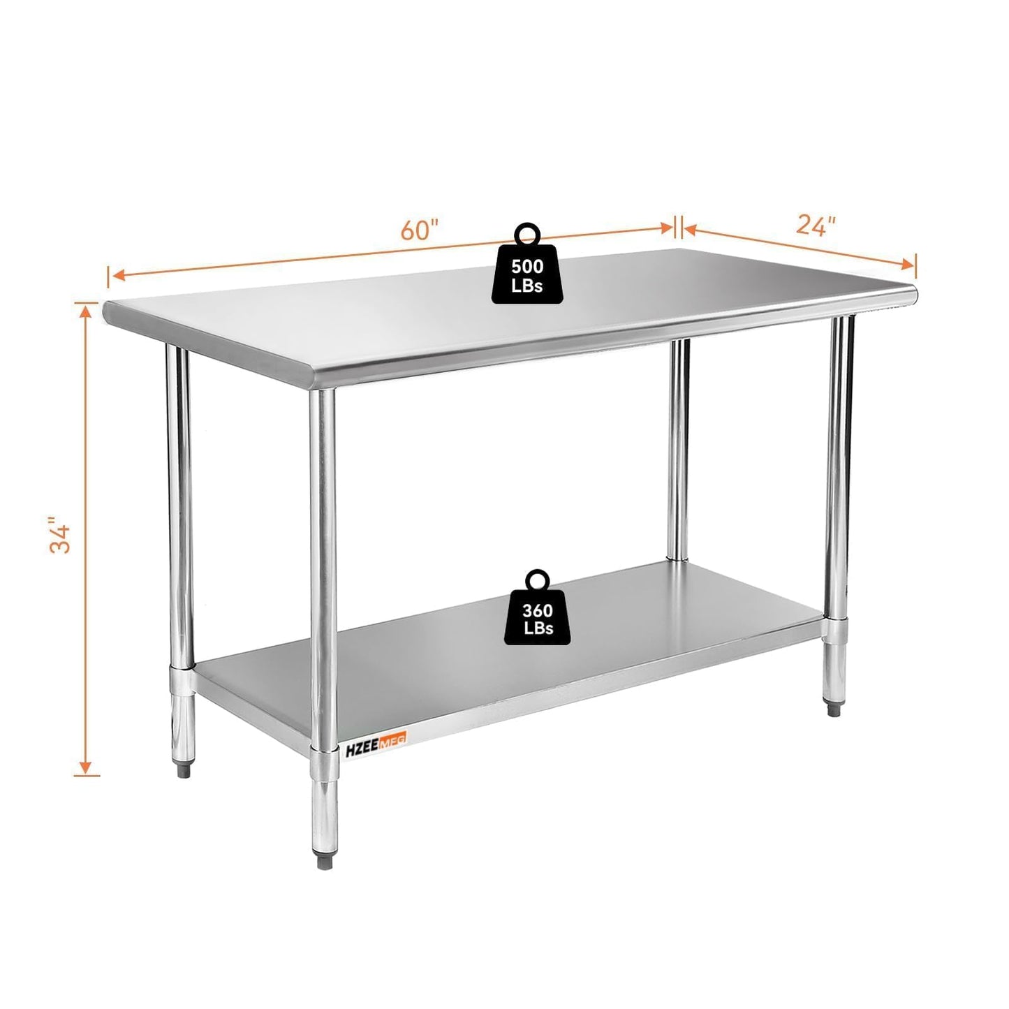 HZEEMFG Stainless Steel Table for Prep & Work 60 x 24 inches, 5ft, Heavy Duty Metal Table with Adjustable Undershelf for Commercial Kitchen, Restaurant, Home, Hotel, Laundry Room,Garage, Workshops