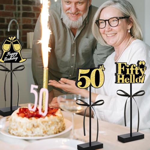 BAOOOFUL 50th Black Gold Glitter Centerpieces for 50th Birthday Table Decorations,Wood Signs Happy Fifty Years Old B-Day T...