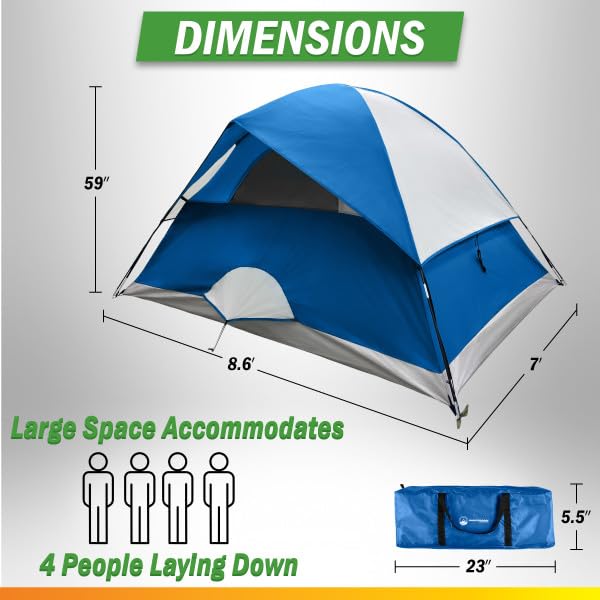 4 Person Camping Tent with Rainfly and Carrying Bag - Easy Pop Up Family Tents for Camping Essentials, Beach, Hiking, Back...