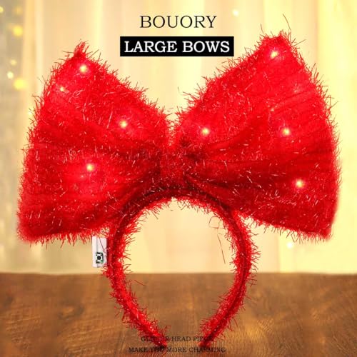 Bouory Light Up Bow Headbands LED Bowknot Hairband Red Bows Head Bands for Women (Red)