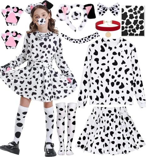 WILDPARTY 101 Days of School Costume for Girls, Dalmatian Outfit with 10PCS Accessories Spotted Top Skirt Set Halloween
