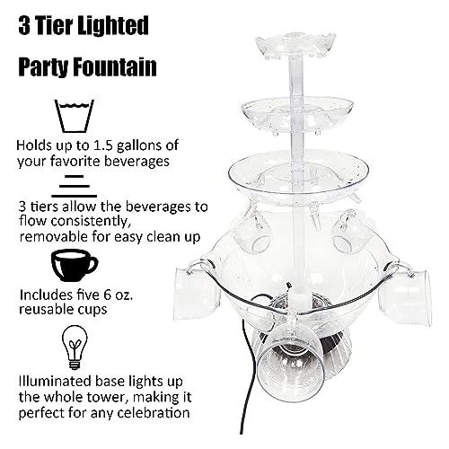 Party Beverage Fountain, 3-Tier Party Beverage/Champagne Fountain Equipment with LED Lighted Base and 5 Cups, 2L Large Cap...