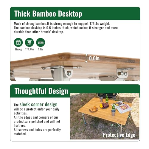 KingCamp Adjustable Height Folding Table, 4-Fold Bamboo Camping Outdoor Portable RV Camp Table with Carry Bag for Outdoor ...