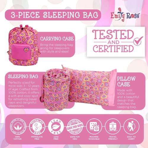 Emily Rose Kids 3-PC Girls Pink Hearts Sleeping Bag Gift Set – Soft Thick Slumber Sack, Pillow Case & Backpack Storage Cas...