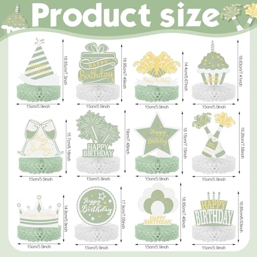 Sabary 12 Pcs Sage Green Birthday Centerpiece Sage Green Table Decoration Happy Birthday Desktop Decoration Honeycomb Cent...