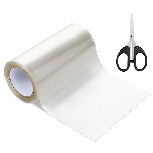 4.5Inch x 11FT Clear Waterproof Repair Tape with Scissors for Fabric, Awning, RV Roof, Tarp, Tent, Boat Cover – Heavy-Duty Polyurethane, UV & Heat Resistant Tear Repair Pctch Kit (1)