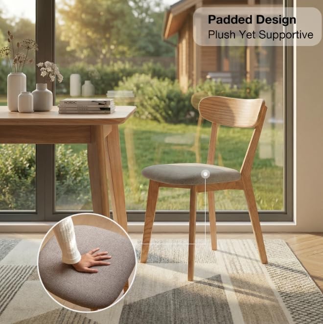 Bamskov 100% Solid Oak Wooden Dining Chairs - Practical Kitchen Chairs with Upholstered Cushion - Wood Chair for Dining Room, Kitchen (1, Natural with Grey Cushion)