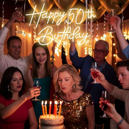 Happy 50th Birthday Neon Sign For Birthday Party16.5"*10.5" Neon Happy Birthday Led Neon Light For Party Backdrop Wall Dec...