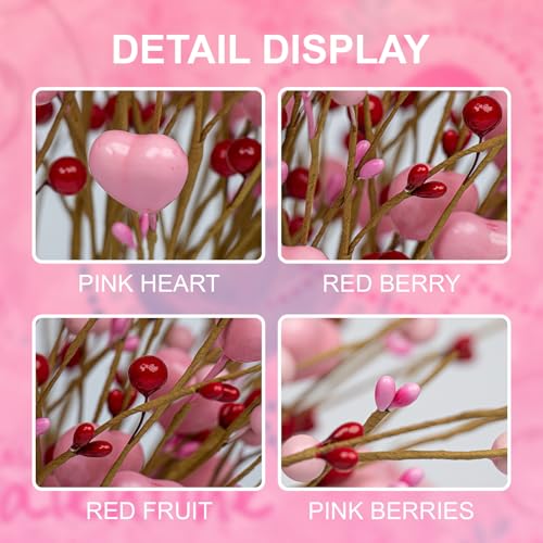 J'FLORU Valentine's Day Gifts Valentines Day Decorations 24 Pack Pink Heart Shaped Berry Picks with Red Berries for Valent...