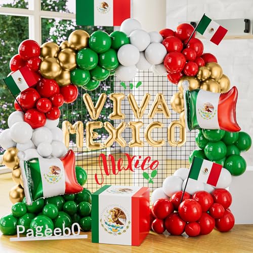 Mexico Balloon Arch Garland Kit, 154 pcs Green White Red Gold Mexico Flag VIVA Foil balloons for Mexico Independence Day J...