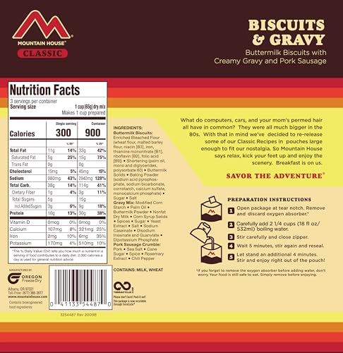 Mountain House Classic Biscuits & Gravy Freeze-Dried Food for Camping, 12 Servings, 30-Year Shelf-Life