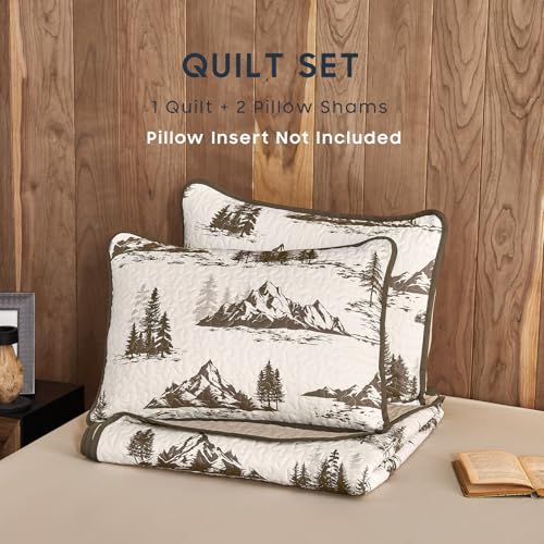 Wake In Cloud - Rustic Quilt Set, Cabin Forest Woodland Camping Theme with Lodge Mountain Print, Reversible Lightweight Be...
