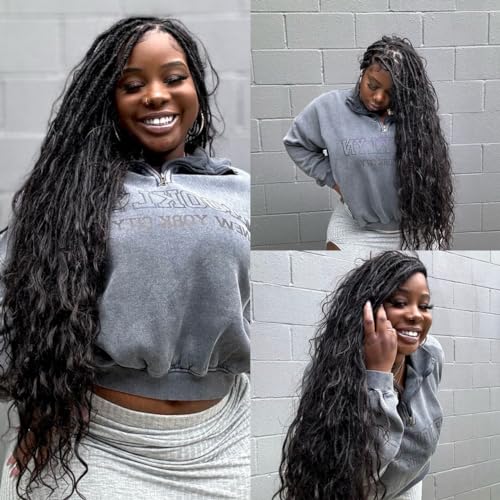 Pre-looped Crochet Boho Faux Locs with Human Hair body wave Ends Boho Hair Braids Goddess Dreadlocks Hair for Black Women Natural Color 22 Inch (Pack of 1)