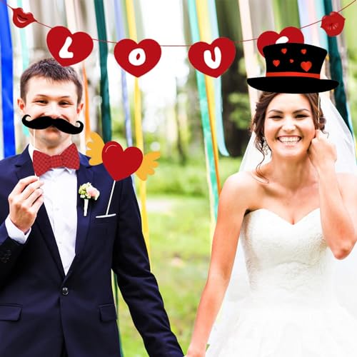 Leesgel 42 Pieces Valentine Photo Booth Props, Valentines Wedding Photo Booth Prop with Sticks and Banner, Red Heart Party...