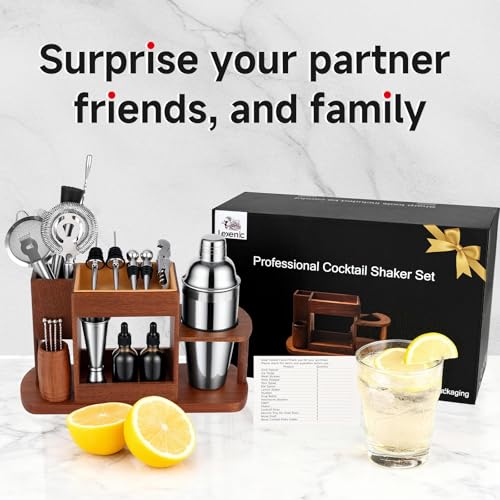 Lexenic Cocktail Making Dock, 23-Piece Cocktail Shaker Set with Versatile Wooden Stand, Easy Access Stainless Steel Barten...