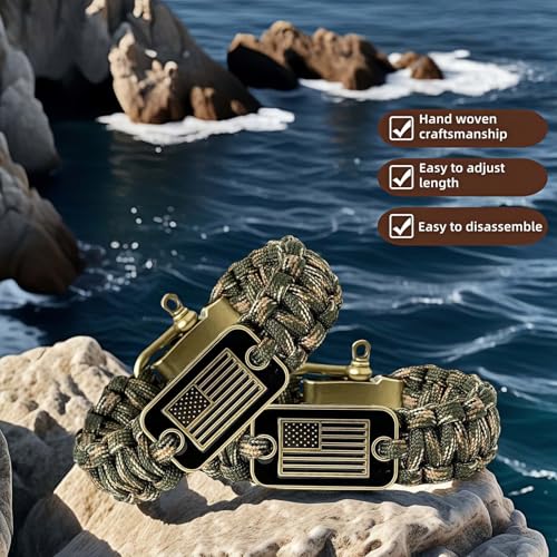 Patriotic Paracord Survival Bracelet for Men - Bronze US Flag Pendant Tactical Gear with Multi-Tool Functions, Adjustable ...