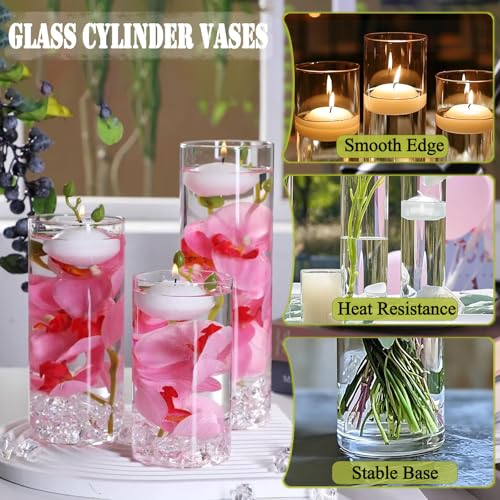 FFUW 24 Pcs Floating Candles 12 Glass Vases for Centerpieces with 400 Acrylic Fake Ice Cubes 6 Pearl String Vase Filler Fl...