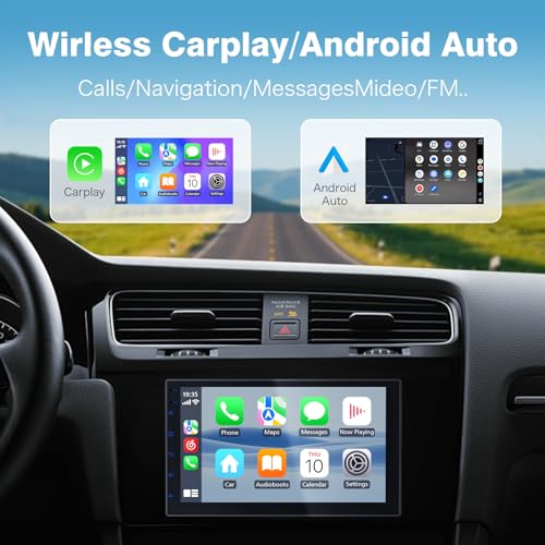 Haudio Double Din Wireless CarPlay Screen for Car, 7" HD Touchscreen with Apple CarPlay, Android Auto, GPS Navigation, Blu...