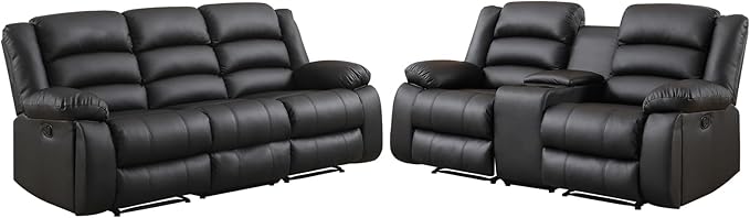EBELLO Faux Leather Manual Recliner Sofa Set, Loveseat Reclining Sofa and 3 Seat Recliner Sofa, Couch Set for Living Room, Bedroom, Meeting Room, Black (Loveseat+Sofa)