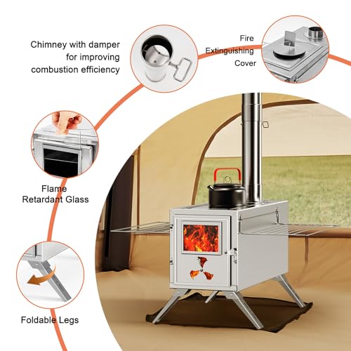 Upgraded Wood Stove, Hot Tent Stove Camping Portable Stainless Steel Wood Burning Stove with 7 Chimney Pipes for Wall Tent...