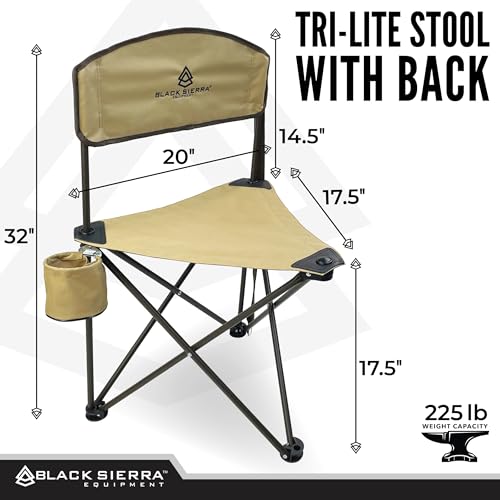 Black Sierra XL Trip-Lite Hunting Stool w/Backrest, Lightweight Portable Fishing Chair w/Cupholder and Carry Strap, Suppor...