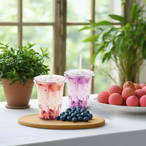 TashiBox[100 sets 12 oz plastic cups with lids and straws disposable, lemonade stand supplies,coffee essentials,smoothie cups