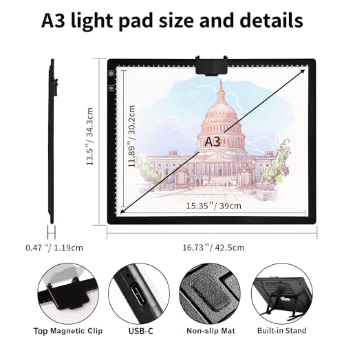 Rechargeable A3 Light Pad for Diamond Painting,Tracing Light Box with Stand and Clip,3 Colors Stepless Dimmable and 6 Leve...