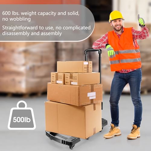 Voipvvii Folding Hand Truck 500lbs, Portable Heavy Duty Dolly Cart, 6 Wheels Collapsible Luggage Cart with 2 Elastic Ropes...