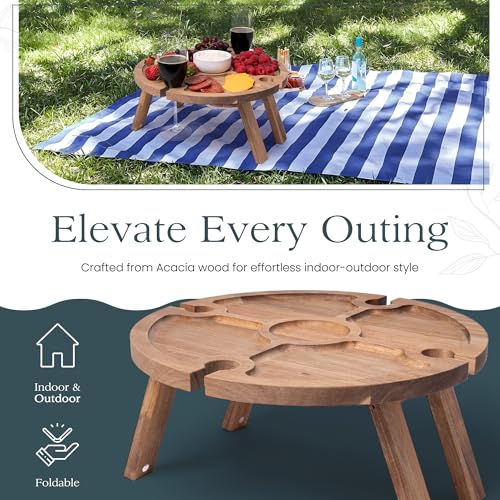 Portable Wine Picnic Table with 4 Wine Glasses Holder, Acacia Natural Wood Foldable Champagne Picnic Snack Table Tray, Per...