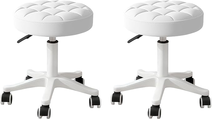 JPBSTO Small Rolling Stool with Wheels, PU Leather Height Adjustable Vanity Work Task Stool, 360 Swivel, Padded Seat Cushion, for Salon, Home, Office