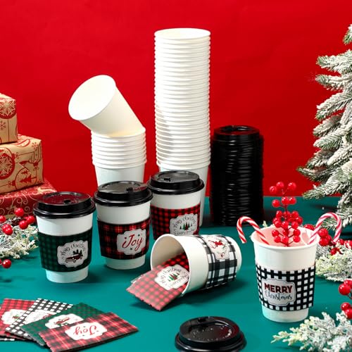 Yungyan 50 Pack 12 oz Christmas Disposable Coffee Cups with Lids and Sleeves Paper Hot Chocolate Cups Cocoa Bar Supplies f...