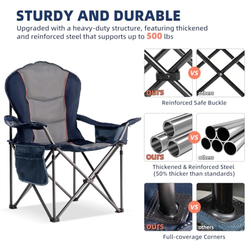 Foristrail Large Camping Chair with Side Table Heavy Duty 500LBS - Folding Outdoor Chair with Cooler Bag (Blue & Gray, 2 PCS)
