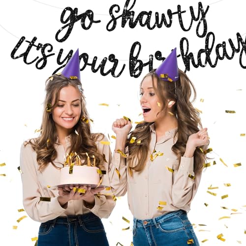 BEISHIDA Black Go Shawty It's Your Birthday Banner-11.4Feet, NO DIY-Hip Hop Theme Glitter Happy Birthday Banner - Pre-Stru...