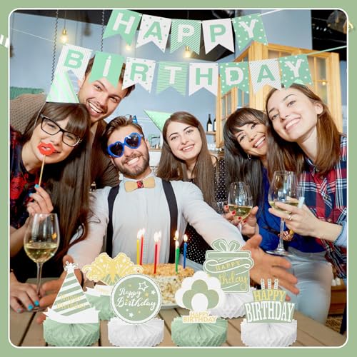 Sabary 12 Pcs Sage Green Birthday Centerpiece Sage Green Table Decoration Happy Birthday Desktop Decoration Honeycomb Cent...
