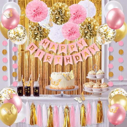 Pink and Gold Birthday Party Decorations for Women with Happy Birthday Banner,Curtains, Butterfly Wall,Circle Dots Garlan...